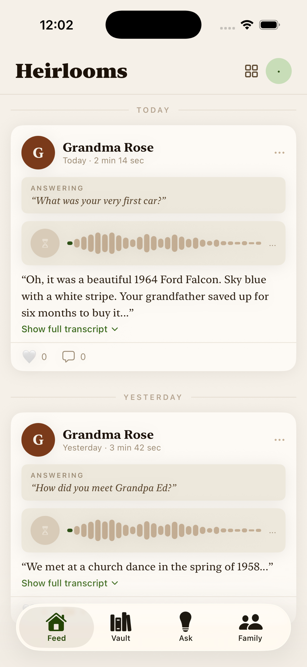 A family story from Grandma Rose in the Heirlooms feed