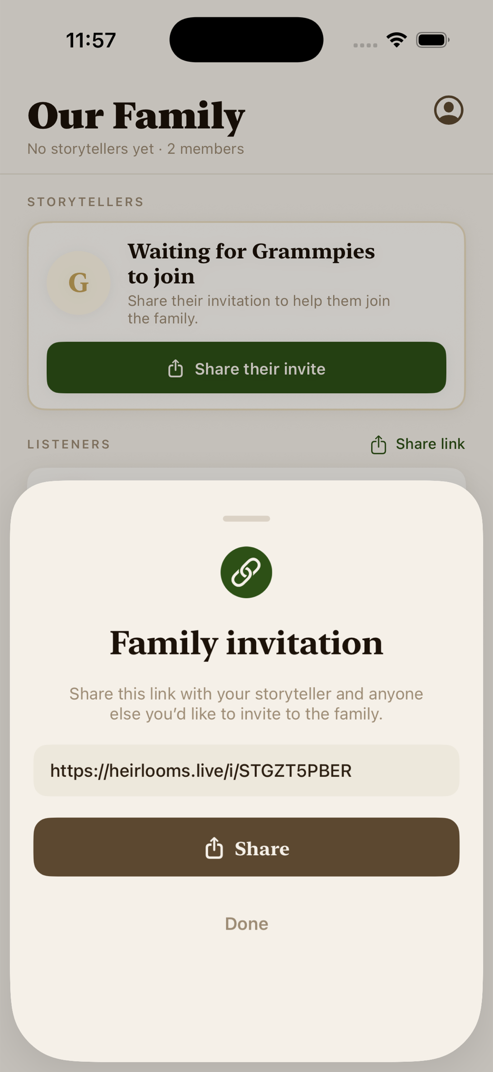 The Heirlooms family invitation sharing sheet