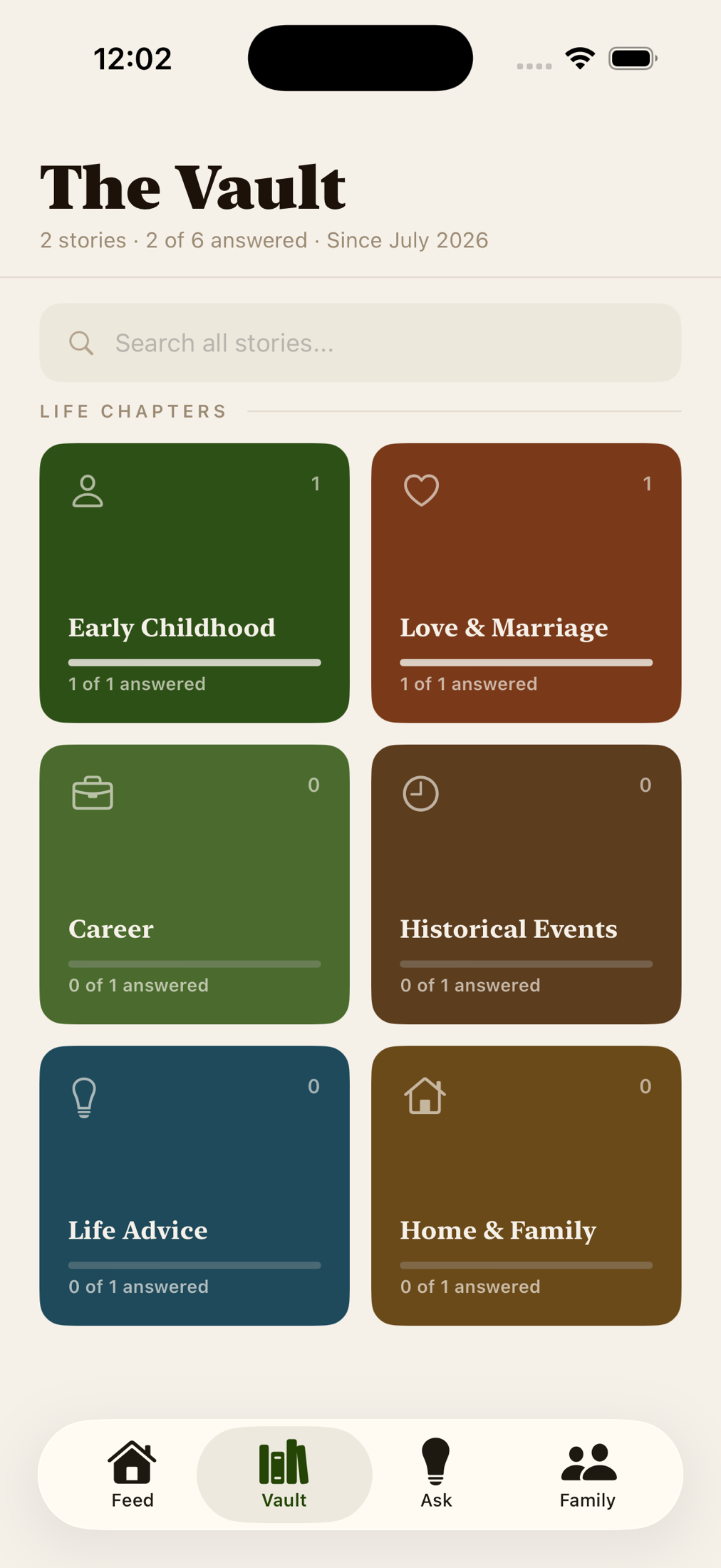 The Heirlooms story vault organized into life chapters